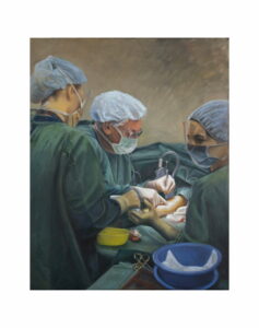 Oil painting by Adelaide Artist Avril Thomas of Vascular Surgery at Flinders Medical Centre Surgeon Dr Robert Foreman