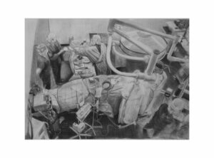 Charcoal drawing, Birds eye of a Neurosurgery operation at Flinders Medical Centre by renowned South Australian Artist Avril Thomas