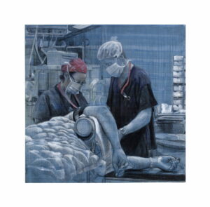 Charcoal drawing of an anaesthetic being given to a patient at Flinders Medical Centre by renowned South Australian Artist Avril Thomas shown in Arts in Health exhibition at Flinders Medical Centre now available as prints globally on Redbubble