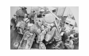 Birds eye view of a Liver operation at Flinders Medical Centre. Charcoal Drawing by Avril Thomas for Arts in Health Exhibition. Prints available on Redbubble