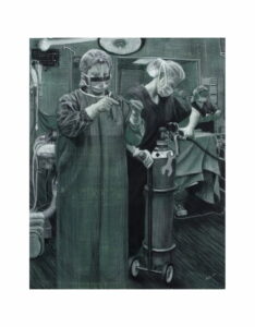 Charcoal drawing showing nurses jobs in Theatre at Flinders Medical Centre by renowned South Australian Artist Avril Thomas shown in Arts in Health exhibition at Flinders Medical Centre now available as prints globally on Redbubble