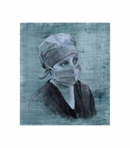 Charcoal portrait drawing of a Nurse in Theatre at Flinders Medical Centre by renowned South Australian Artist Avril Thomas shown in Arts in Health exhibition at Flinders Medical Centre now available as prints globally on Redbubble