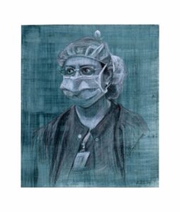 Charcoal portrait drawing of a nurse in Theatre at Flinders Medical Centre by renowned South Australian Artist Avril Thomas shown in Arts in Health exhibition at Flinders Medical Centre now available as prints globally on Redbubble