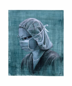 Charcoal portrait drawing of Medical Rep Lou by South Australian artist Avril Thomas, showing medical staff in theatre, rendered charcoal and pastel on watercolour wash