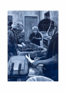 Painting of nurses counting instruments after an operation at Flinders Medical Centre by renowned South Australian Artist Avril Thomas shown in Arts in Health exhibition at Flinders Medical Centre now available as prints globally on Redbubble