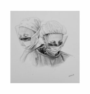 Charcoal portrait drawing of two nurses in Theatre at Flinders Medical Centre by renowned South Australian Artist Avril Thomas shown in Arts in Health exhibition at Flinders Medical Centre now available as prints globally on Redbubble