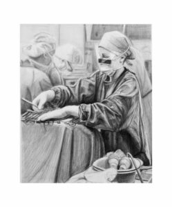 Charcoal drawing of a scrub nurse in theatre at Flinders Medical Centre by renowned South Australian Artist Avril Thomas shown in Arts in Health exhibition at Flinders Medical Centre now available as prints globally on Redbubble