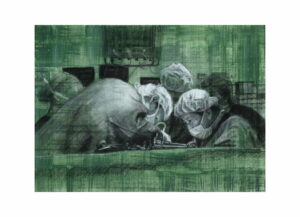 Charcoal and pastel portrait drawing of surgeons operating at Flinders Medical Centre by renowned South Australian Artist Avril Thomas shown in Arts in Health exhibition at Flinders Medical Centre now available as prints globally on Redbubble