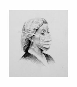Charcoal portrait drawing of a theatre nurse at Flinders Medical Centre by renowned South Australian Artist Avril Thomas shown in Arts in Health exhibition at Flinders Medical Centre now available as prints globally on Redbubble