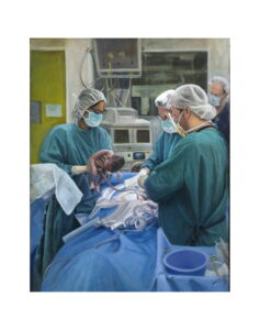 Oil Painting of a birth with Dr Jay McGavigan at Flinders Medical Centre by renowned South Australian Artist Avril Thomas shown in Arts in Health exhibition at Flinders Medical Centre with Dr Jay McGavigan in Obstetrics. Now available as prints globally on Redbubble
