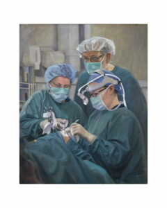 Oil Painting portrait of a tonsillectomy with Dr Sam Barnett at Flinders Medical Centre by renowned South Australian Artist Avril Thomas shown in Arts in Health exhibition at Flinders Medical Centre now available as prints globally on Redbubble