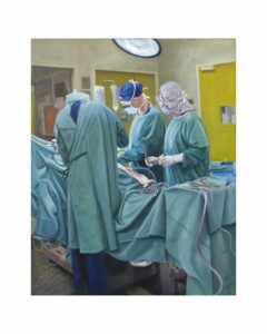 Dr Justin Bessell performing Upper Gastrointestinal Surgery, Oil Painting at Flinders Medical Centre by renowned South Australian Artist Avril Thomas shown in Arts in Health exhibition at Flinders Medical Centre now available as prints globally on Redbubble