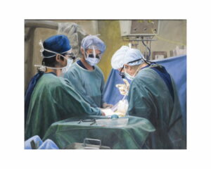 Dr Mathew McDonald performing a Neurosurgery operation, Oil Painting at Flinders Medical Centre by renowned South Australian Artist Avril Thomas shown in Arts in Health exhibition at Flinders Medical Centre now available as prints globally on Redbubble