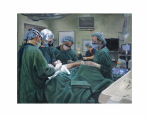 Dr Phil Griffin performing a Plastic Surgery operation. Oil Painting at Flinders Medical Centre by renowned South Australian Artist Avril Thomas shown in Arts in Health exhibition at Flinders Medical Centre now available as prints globally on Redbubble
