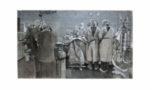 Pen and Ink drawing, of an operation at Flinders Medical Centre by renowned South Australian Artist Avril Thomas shown in Arts in Health exhibition at Flinders Medical Centre now available as prints globally on Redbubble