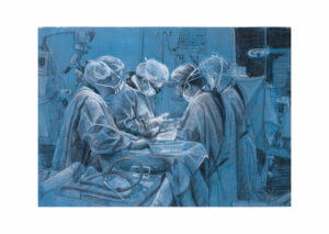 Charcoal and pastel drawing of a neurosurgery operation at Flinders Medical Centre by Adelaide artist Avril Thomas Prints available via Redbubble
