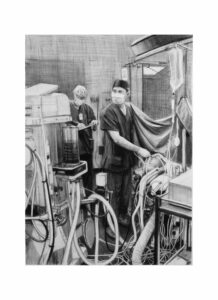 Charcoal drawing of Anaesthetics during an operation at Flinders Medical Centre by renowned South Australian Artist Avril Thomas shown in Arts in Health exhibition at Flinders Medical Centre now available as prints globally on Redbubble