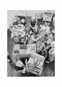 Charcoal drawing of a tonsillectomy at Flinders Medical Centre by renowned South Australian Artist Avril Thomas shown in Arts in Health exhibition at Flinders Medical Centre now available as prints globally on Redbubble