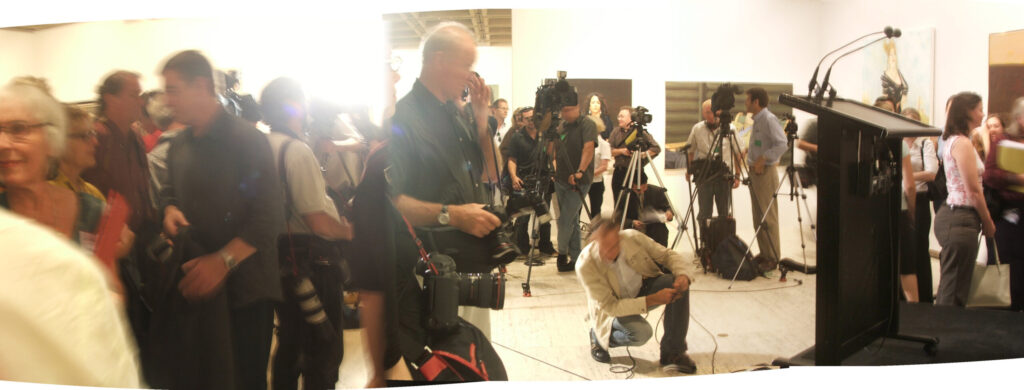 Press at the Art Gallery of New South Wales prior to the announcement of the Archibald prize in the distance far right is Avril Thomas portrait of Alexander Downer 