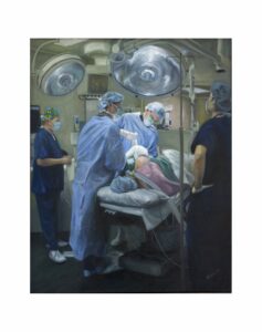 Dr Rudi Jaasmar performing Orthopaedic Surgeryat Flinders Medical Centre by renowned South Australian Artist Avril Thomas shown in Arts in Health exhibition at Flinders Medical Centre now available as prints globally on Redbubble