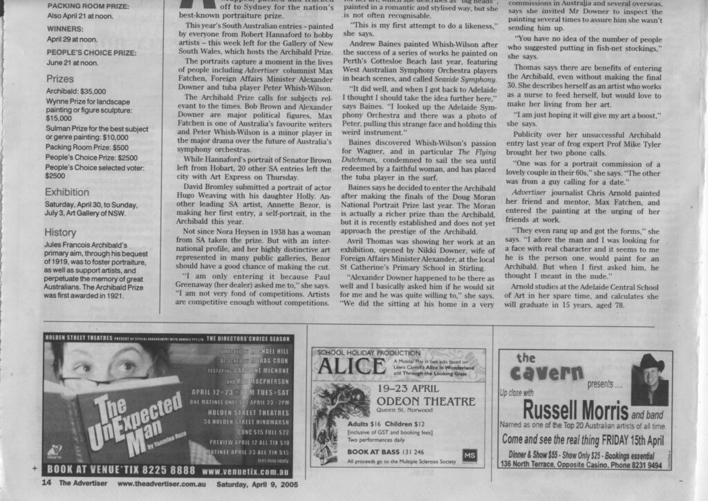 Newspaper article about Avril Thomas oil painting portrait of Alexander Downer hung in the Archibald, New South Wales Art Gallery. Avril Thomas is a South Australian Artist. 