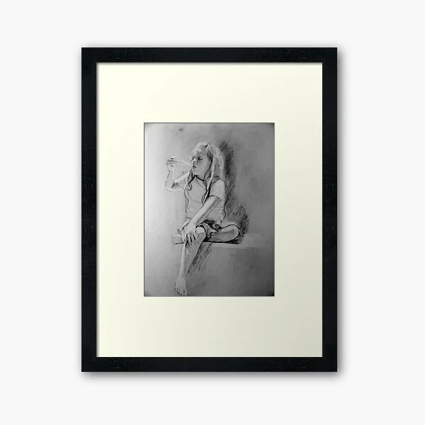 Framed print of a charcoal drawing of a girl blowing on a feather, Artist Avril Thomas, Art for sale