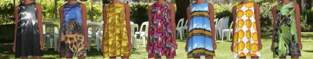 A selection of dresses designed by Adelaide Artist Avril Thomas at Magpie Springs on the Fleurieu Peninsula / Adelaide Hills which can be purchased online via Redbubble 