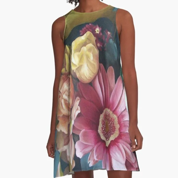 This bold floral designed dress is available to purchase via Redbubble. It is an Avril Thomas design