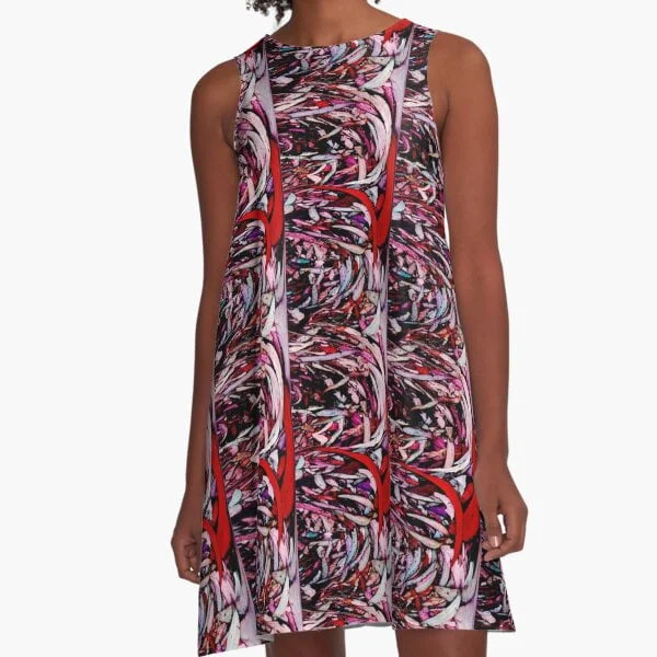 Abstract art print on A-Line dresses designed by Avril Thomas at Magpie Springs a South Australian Artist