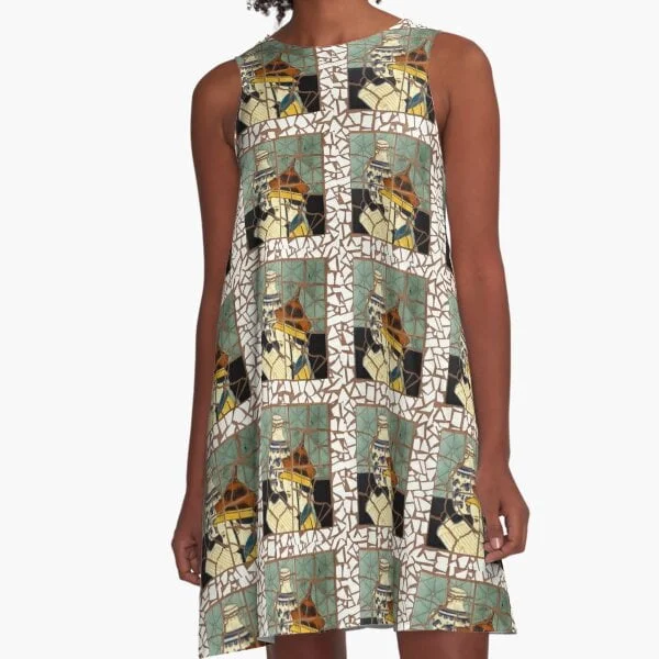 Avril Thomas at Magpie Springs art print on A line dress with a mosaic look. Dress for sale in this online shop