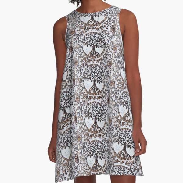 Earthy Tree of Life engraved wood print A-line dress by prize-winning Adelaide artist Avril Thomas – mystical growth symbol, comfortable swing-style dress available now


