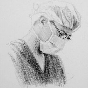 Charcoal portrait drawing of an Anaesthetist in Theatre at Flinders Medical Centre by renowned South Australian Artist Avril Thomas shown in Arts in Health exhibition at Flinders Medical Centre now available as prints globally on Redbubble