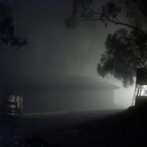 Misty foggy night farm landscape in black and white tonal realism by Adelaide artist Avril Thomas, featuring mist-shrouded barn, windmill, and rural outbuildings at Magpie Springs Prints available on Redbubble