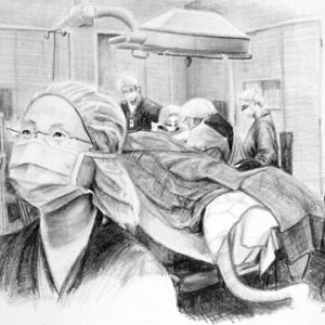 Charcoal drawing of a scene in Theatre at Flinders Medical Centre by renowned South Australian Artist Avril Thomas shown in Arts in Health exhibition at Flinders Medical Centre now available as prints globally on Redbubble