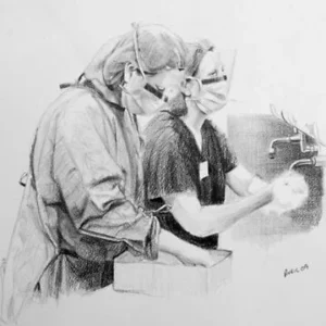 Charcoal drawing portrait drawing of a nurse in Theatre at Flinders Medical Centre by renowned South Australian Artist Avril Thomas shown in Arts in Health exhibition at Flinders Medical Centre now available as prints globally on Redbubble