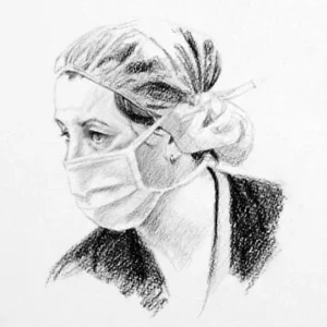 Charcoal drawing of Theatre nurse at Flinders Medical Centre by renowned South Australian Artist Avril Thomas shown in Arts in Health exhibition at Flinders Medical Centre now available as prints globally on Redbubble