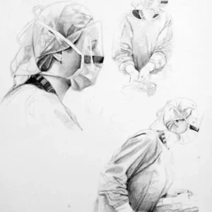 Charcoal drawings of a nurse in Theatre at Flinders Medical Centre by renowned South Australian Artist Avril Thomas shown in Arts in Health exhibition at Flinders Medical Centre now available as prints globally on Redbubble