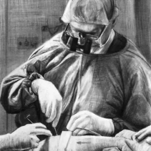 Dr Phil Griffin performing a Plastic Surgery operation at Flinders Medical Centre by renowned South Australian Artist Avril Thomas, charcoal portrait, shown in Arts in Health exhibition at Flinders Medical Centre now available as prints globally on Redbubble