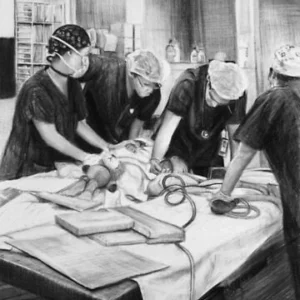 Charcoal drawing of a patient waking after an operation at Flinders Medical Centre by renowned South Australian Artist Avril Thomas shown in Arts in Health exhibition at Flinders Medical Centre now available as prints globally on Redbubble