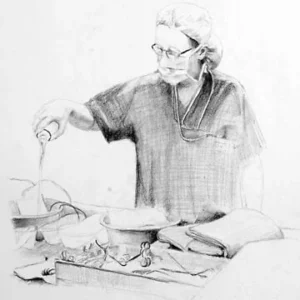 A scout Nurse in theatre at Flinders Medical Centre by renowned South Australian Artist Avril Thomas shown in Arts in Health exhibition at Flinders Medical Centre now available as prints globally on Redbubble