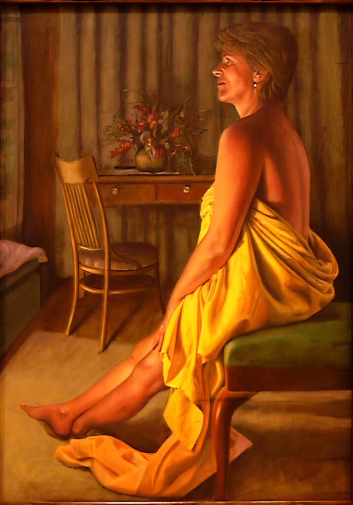 Fireside Figure oil painting print by Adelaide artist Avril Thomas – tasteful contemplative figure study by warm firelight, elegant tonal realism on canvas available as framed art or poster for sale