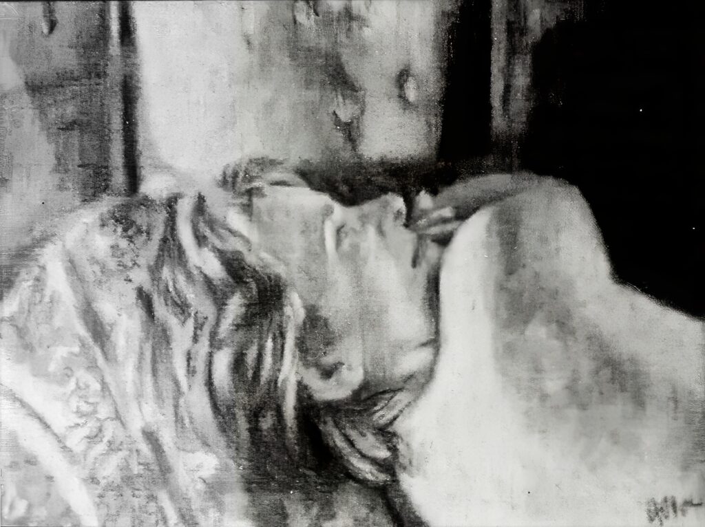 Restful Glance black-and-white drawing by Adelaide artist Avril Thomas – tasteful muse figure resting on pillow with over-shoulder glance, elegant minimalist life study print available as framed art or poster for sale