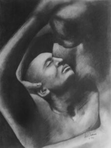 Embrace charcoal drawing by Adelaide artist Avril Thomas – tasteful black-and-white couple in intimate embrace, elegant romantic figure study print available as framed art or poster for sale