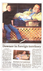 Avril Thomas South Australian Artist in Advertiser news article about Archibald finalist portrait with oil painting of Alexander Downer