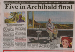Avril Thomas South Australian Artist in Advertiser news article about Archibald finalist portrait with oil painting of Alexander Downer