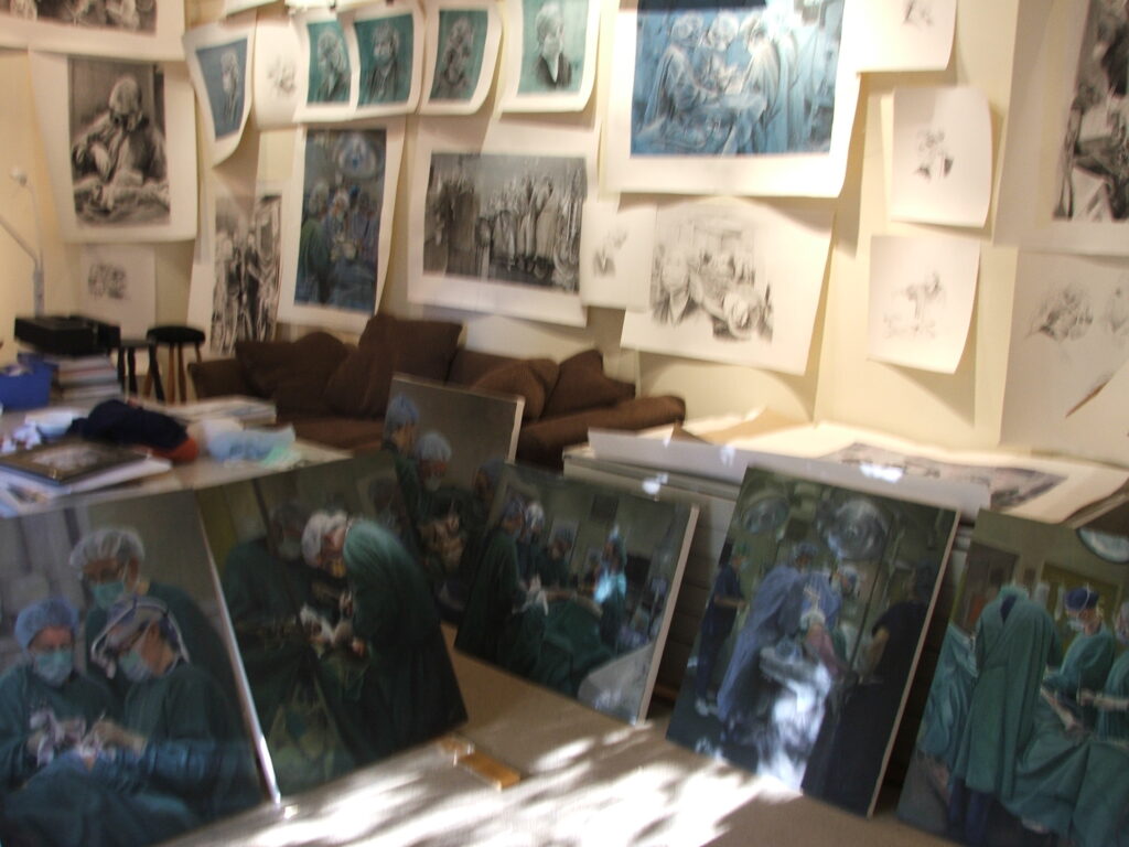 Avril Thomas's studio displaying the Theatre Works Collection: original charcoal drawings and oil paintings of operating theatre portraits created during her 2009 artist-in-residence at Flinders Medical Centre, South Australia