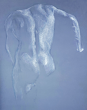 Back view male nude drawing by Adelaide artist Avril Thomas – tasteful, blue-toned figure study with graceful line work and tonal shading, elegant life drawing print available as framed art or poster for sale