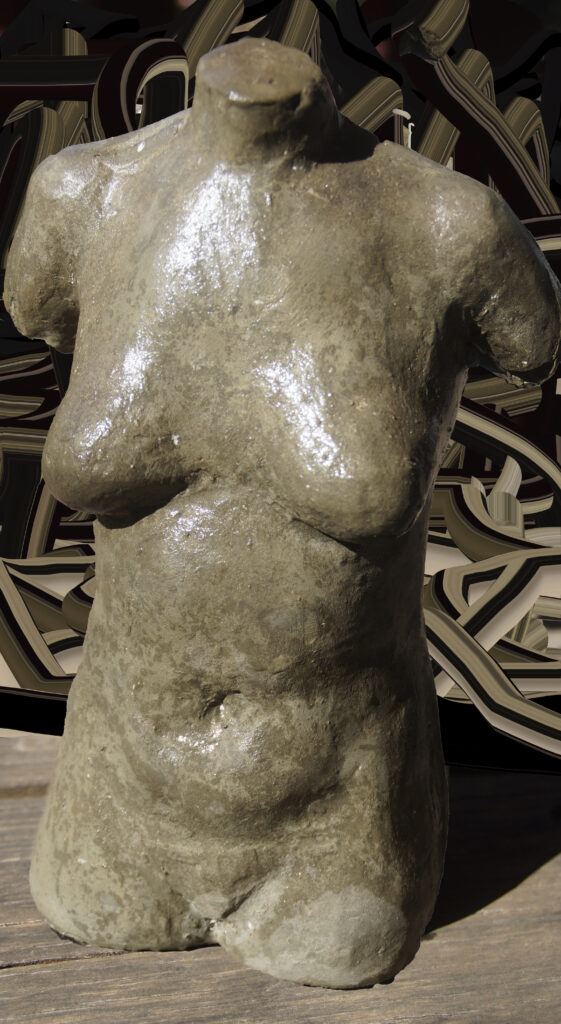 Female torso concrete sculpture made then photographed by Adelaide artist Avril Thomas at Magpie Springs – tasteful abstract female form in textured concrete with modern background, fine art print available as framed poster or canvas for sale