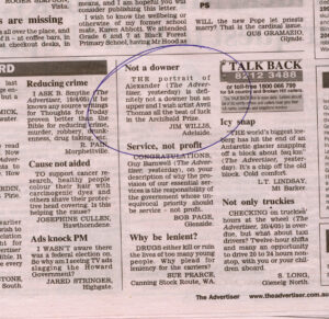 Letter to editor, Advertiser, Archibald finalist Adelaide Artist Avril Thomas about portrait of Alexander Downer