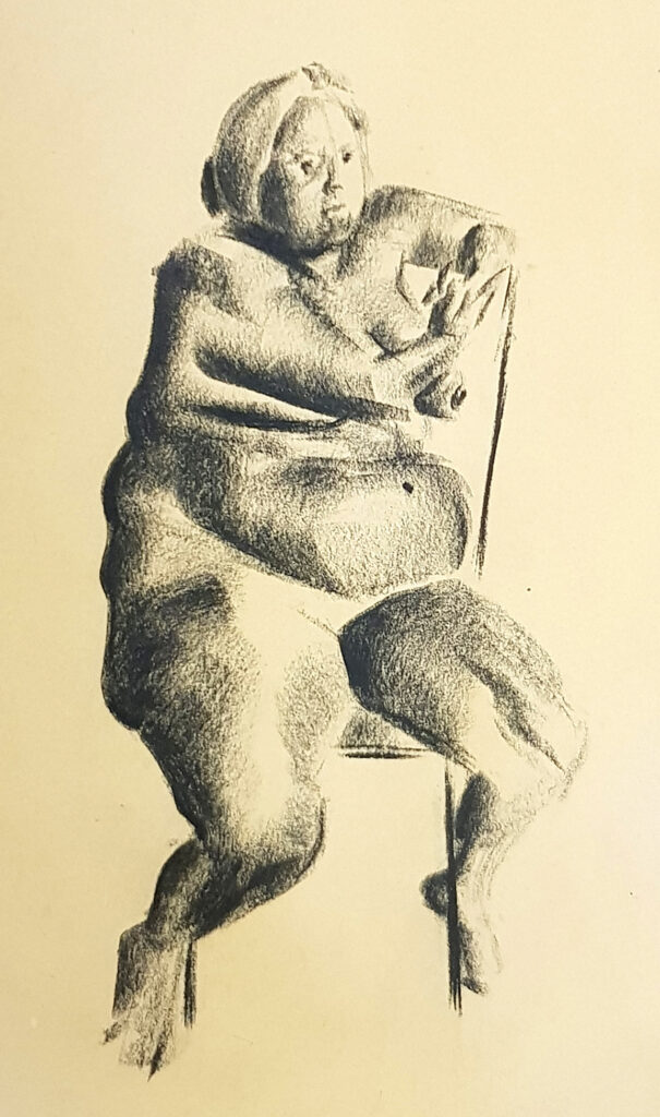 Seated live model sketch by Adelaide artist Avril Thomas at Magpie Springs – graceful figure drawing with expressive line work and tonal shading, artistic life study print available as framed art or poster for sale